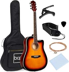 Best Choice Products Beginner Acoustic Electric Guitar Starter Set 41in w/All Wood Cutaway Design, Case, Strap, Picks - Sunburst