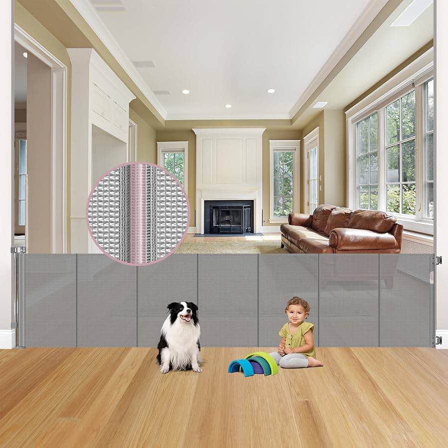 Reinforced 100" Wide Retractable Dog Gate with Support Rod, 8ft Retractable Baby Gate Retractable Gates for Dogs, Long Baby Gates Indoor Extra Long Dog Gate Prevent Crawling Under Mesh Baby Gate, Gray