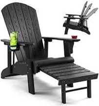 Leteuke Adirondack Chair with Ottoman, Oversized Adirondack Chair with Adjustable Backrest and 2 Cup Holder, Weather Resistant Adirondack Chair for Patio, Outdoor, Fire Pit, Garden, Deck, Dark Gray