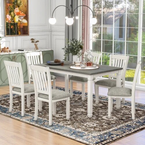 TREXM 7-Piece Dining Table Set Wood Dining Table and 6 Upholstered Chairs with Shaped Legs for Dining Room/Living WF295549AAE