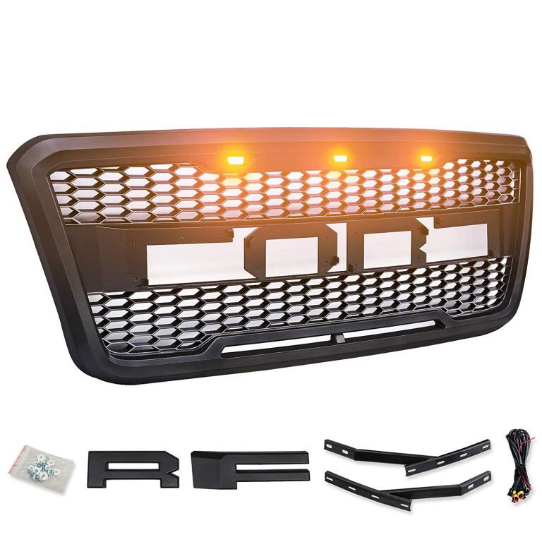 Motorshive Grill for Ford F150 2004 2005 2006 2007 2008 Raptor Style Front Grille 3 Amber LED Lights Matte Black