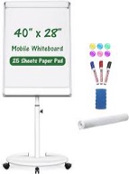 Mobile Whiteboard, Magnetic Rolling Dry Erase Board 40x28 inch Height Adjustable Movable Round Flip Chart Easel Standing White Board with Stand, Magnets, Dry Erase Markers, Eraser (White)
