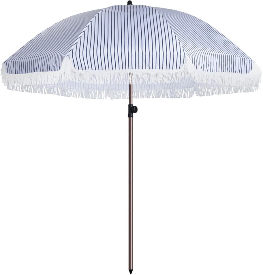 7.5Ft Patio Beach Umbrella with Fringe, Tassel Umbrella UPF50+ with Push Botton Tilt & Crank, Holiday Outdoor Umbrella with Carry Bag Ideal for Garden, Lawn, Deck, Yard&Pool