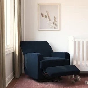 Jennette Tufted Navy Blue Fabric Swivel Gliding Recliner