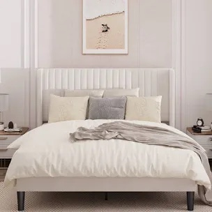 Candler Upholstered Platform Bed with Wingback Queen Ivory