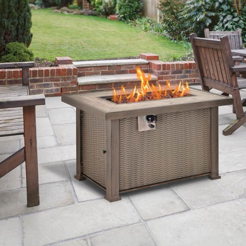 Outsunny 42" Propane Fire Pit Table, 50,000 BTU Wicker-effect Auto-Ignition Gas Fireplace Fire Pits with Ceramic Tabletop, Steel Base, Lid, Lava Rocks and Cover, CSA Certification, Grey