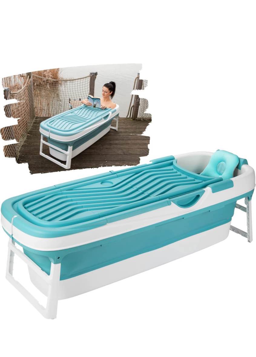 BATH BOB Foldable Bathtub for Adults | XXL 62'' Plastic Collapsible Folding Soaking Reservoir | Ice Bath Tub for Athletes Cold Plunge | Portable Hot Tub with Pillow Cushion and Lid Cover (Blue)