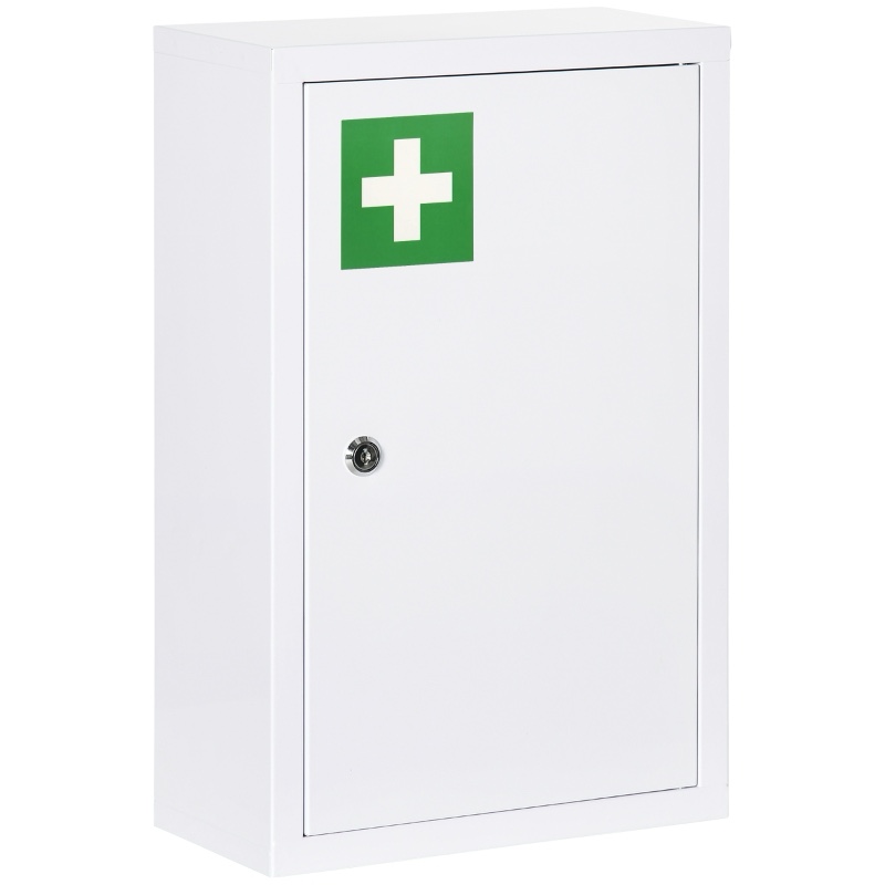 kleankin 12" x 18" Lockable Medicine Cabinet, 3 Tier Steel Medical Wall Box with 2 Keys and Shelves for Bathroom, White