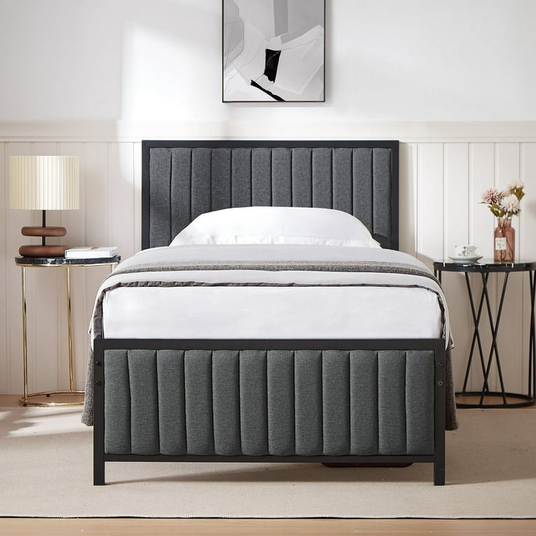 VECELO Twin Size Metal Platform Bed Frame, Modern Upholstered Tufted Headboard and Footboard, No Box Spring Needed, Gray