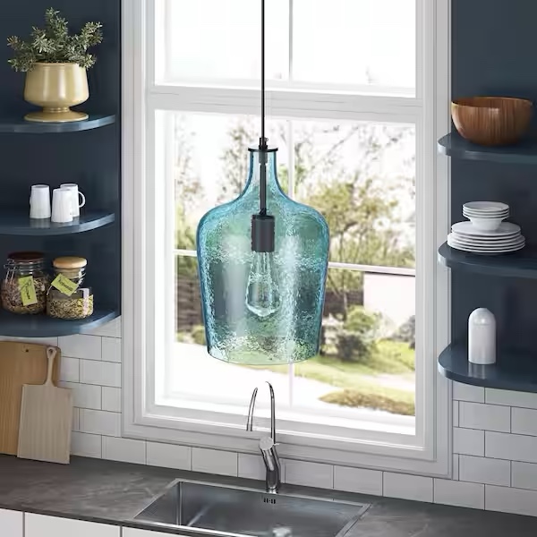 aiwen 9 in. 1-Light Black Island Pendant Light Industrial Hanging Light with Blue Glass Shade