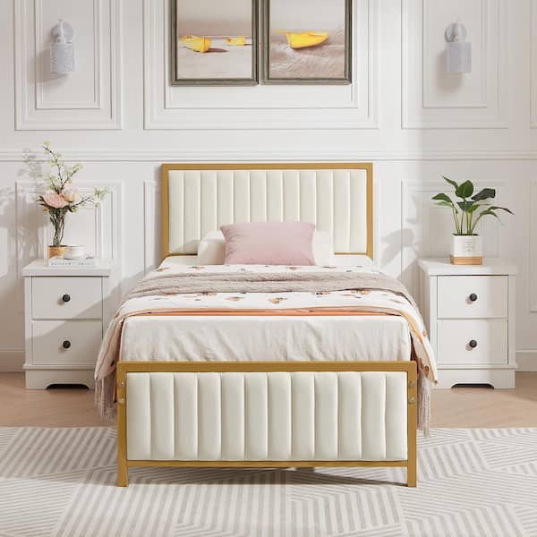 VECELO Bed Frame, Gold Twin Metal Frame, Heavy Duty Metal Foundation, Platform Bed with Upholstered