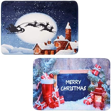 Coolrunner 2 Pack Christmas Door Mat, Merry Christmas Home Welcome Doormat, Decorative Indoor Non Slip Floor Carpet for Entrance Bedroom Bathroom Kitchen, 23.6" x15.7"