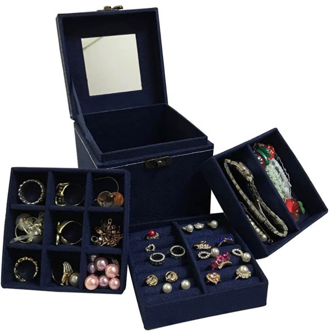 ProCase Jewelry Box for Women Girls Girlfriend Wife, Large Leather Jewelry Organizer Storage Case with Two Layers Display for Earrings Bracelets Rings Watches -Blue