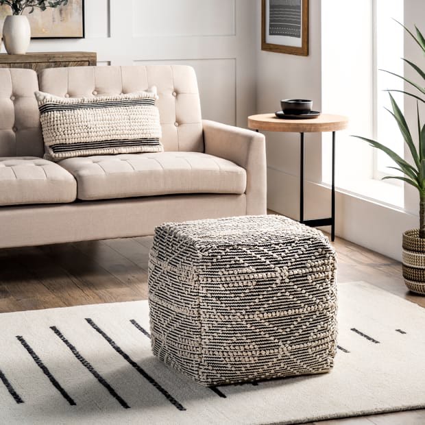 Natural Birdseye Trellis Textured Pouf 18" H x 18" W x 18" D