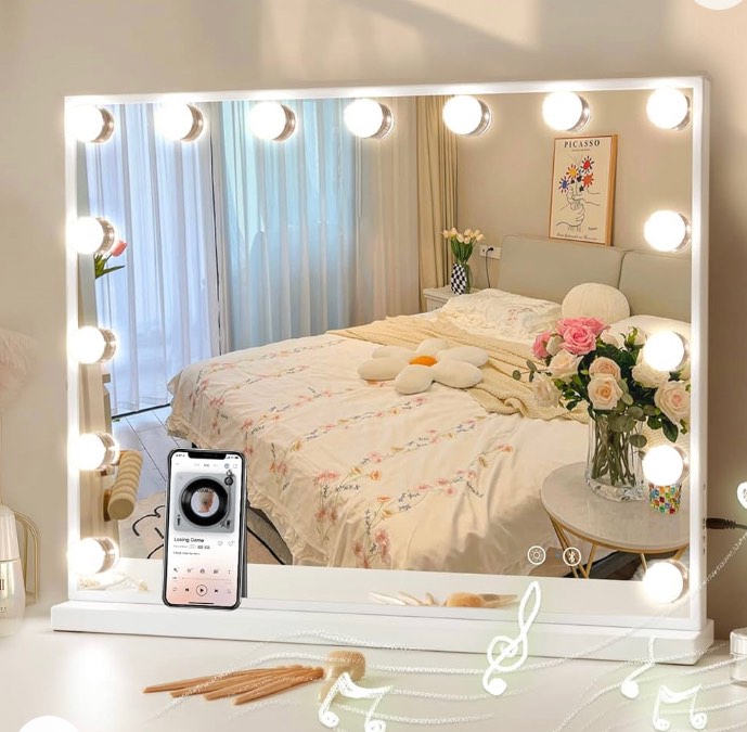COOLJEEN Hollywood Lighted Vanity Mirror with Bluetooth, USB Charging, 15 Dimmable LEDs, 3 Color Lighting - Touch Control