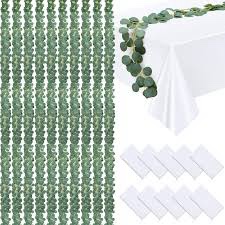 Preboun 10 Sets Artificial Eucalyptus Garland and Disposable Tablecloths Greenery Vines Table Garland Eucalyptus Garland for Table Rectangle Table Cover for Wedding Party Home Garden Decor