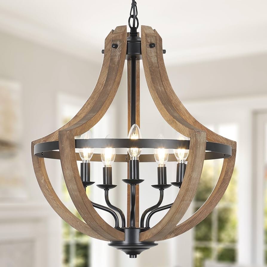 19.2" Modern Farmhouse Chandelier Light Fixtures, 5-Light Dining Room Light Fixtures Over Table, Rustic Hanging Lights for High Ceiling, Wood Chandeliers for Dining Room Kitchen Island Bedroom Foyer