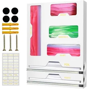 Ziplock Bag Organizer - Bamboo Dispenser with Cutter for Foil & Plastic Wrap. 6-in-1 Wall Rack/Storage Organizer for Drawer. 2-Section Customizable Kitchen Storage. Easy Open/Close. White
