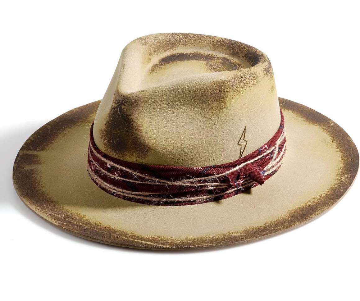 RUEDIGER Wide Brim Fedora Hats for Men Women 100% Wool Felt Panama Rancher Hat with Lightning Logo Distressed/Burned Handmade