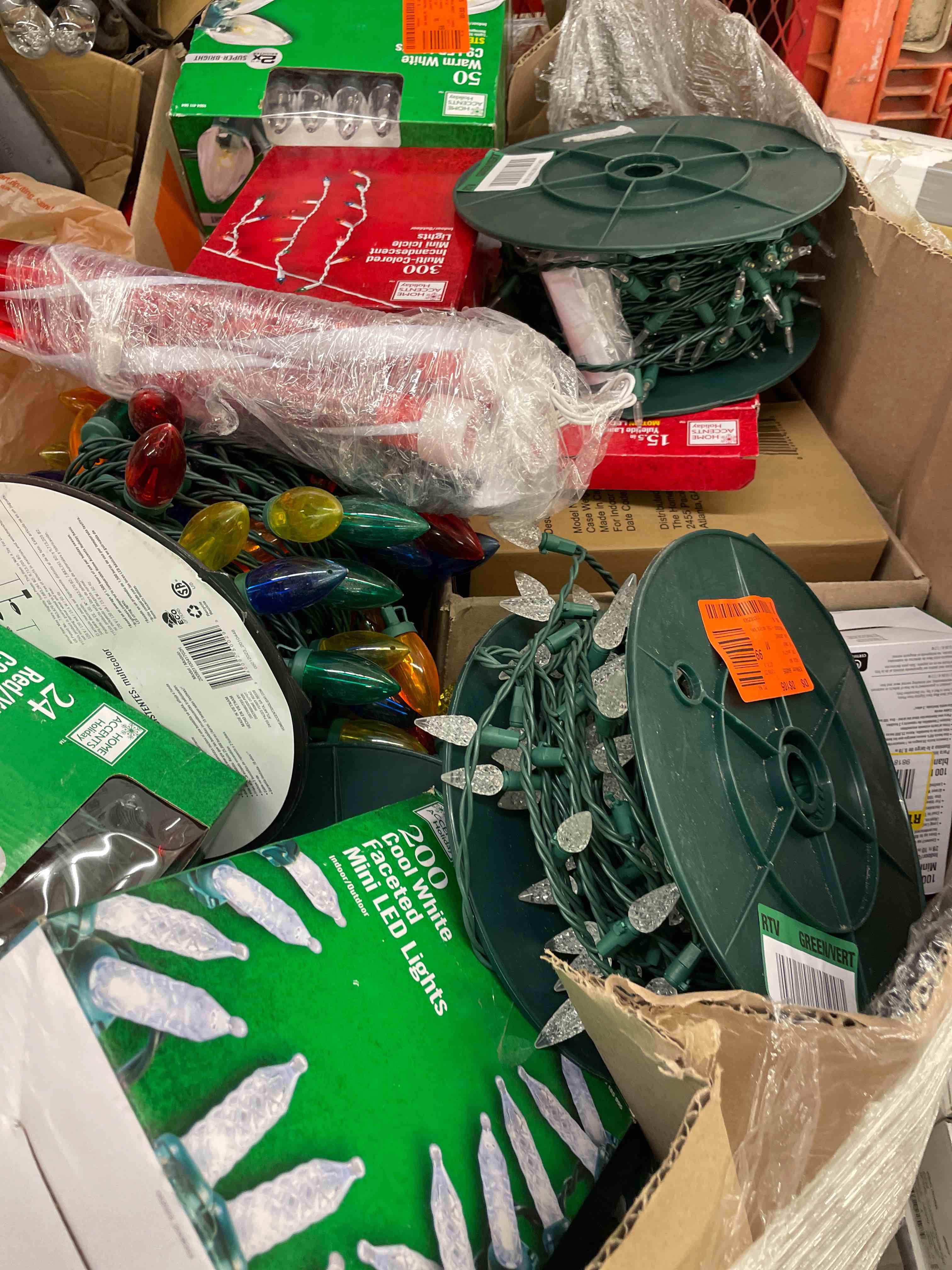 Boxes and rolls of Christmas Lights. These have not been tested sold as