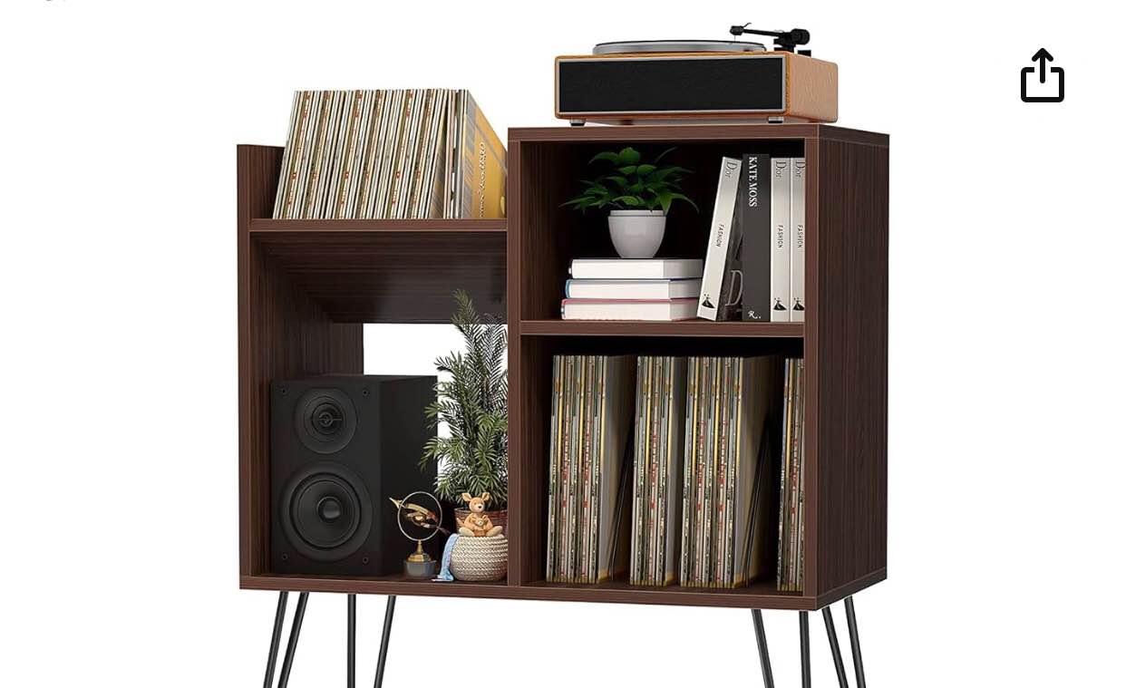 IRCPEN Modern Record Player Stand for Small Size Player, End Table with Charging Station, Nightstand w/Storage Shelf for Living Room/Bedroom Up to 100 Albums (3-Tier Middle, Brown)