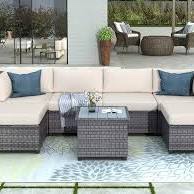 7Pc Rattan Sectional Seating Group w/ Cushions- CUSHIONS AND SIDE CHAIRS ONLY