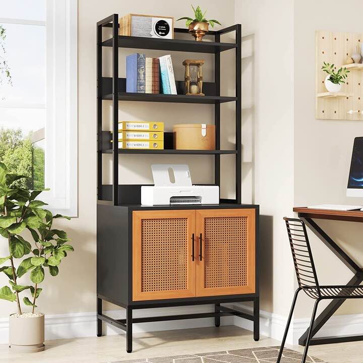 Farfarview Tall Black Bookshelf with Doors, Rustic Bookcase 