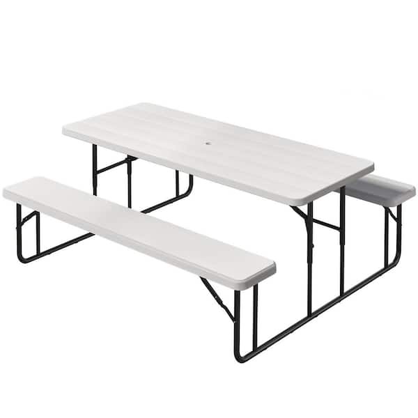 yita homes Patio Furniture HomeOutdoorsPatio FurniturePatio TablesPicnic Tables 6 ft. White Rectangular HDPE Picnic Table and Bench with Umbrella Hole
