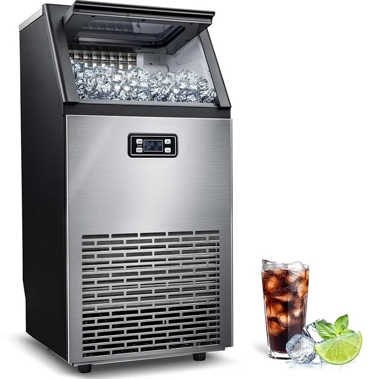 AGLUCKY Commercial Ice Maker Machine, 100Lbs/Day, 45 Cubes/Batch in 11-20 Mins, Stainless Steel Freestanding Ice Maker with 2 Self-Cleaning,Water Inlet Modes for Home/Restaurant/Bar