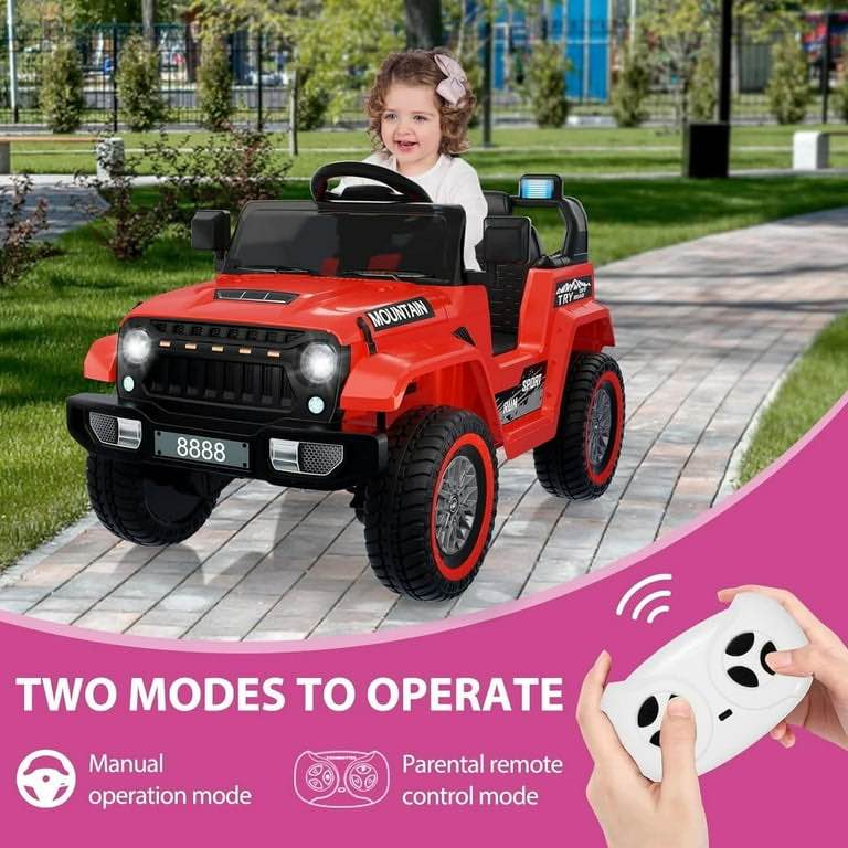 Red Electric 12V Battery Kids Ride On Jeep with Remote Control and Music - 3 Speed Options