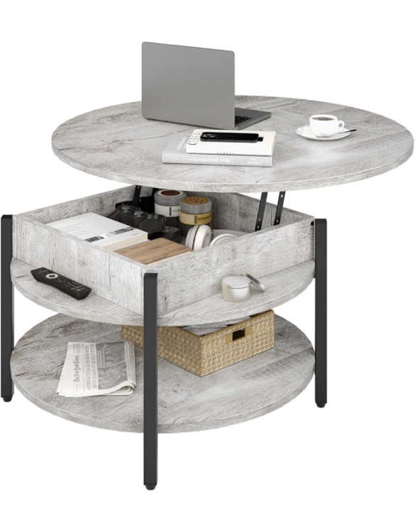 FABATO Round Lift Top Coffee Table, 35.43" Circle Coffee Table with Storage for Living Room Reception Room, Farmhouse 2 Tier Large Round Dining Table, Wood, Gray