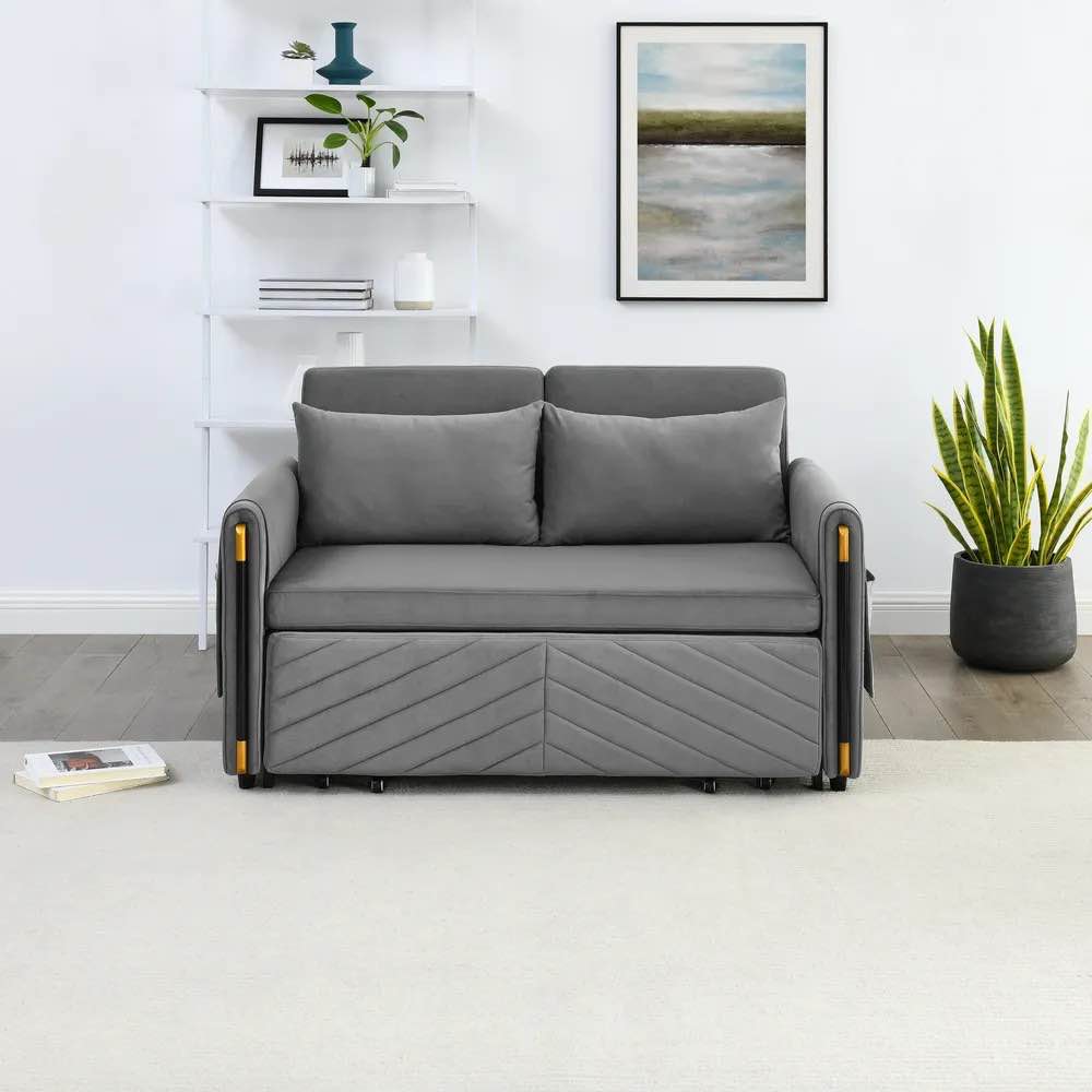 MH 54 Modern Convertible Sofa Bed with 2 Detachable Arm Pockets, Velvet Loveseat Multi-position Adjustable Sofa with Pull Out Bed with Bedhead, 2 Pillows and Living Room, Grey