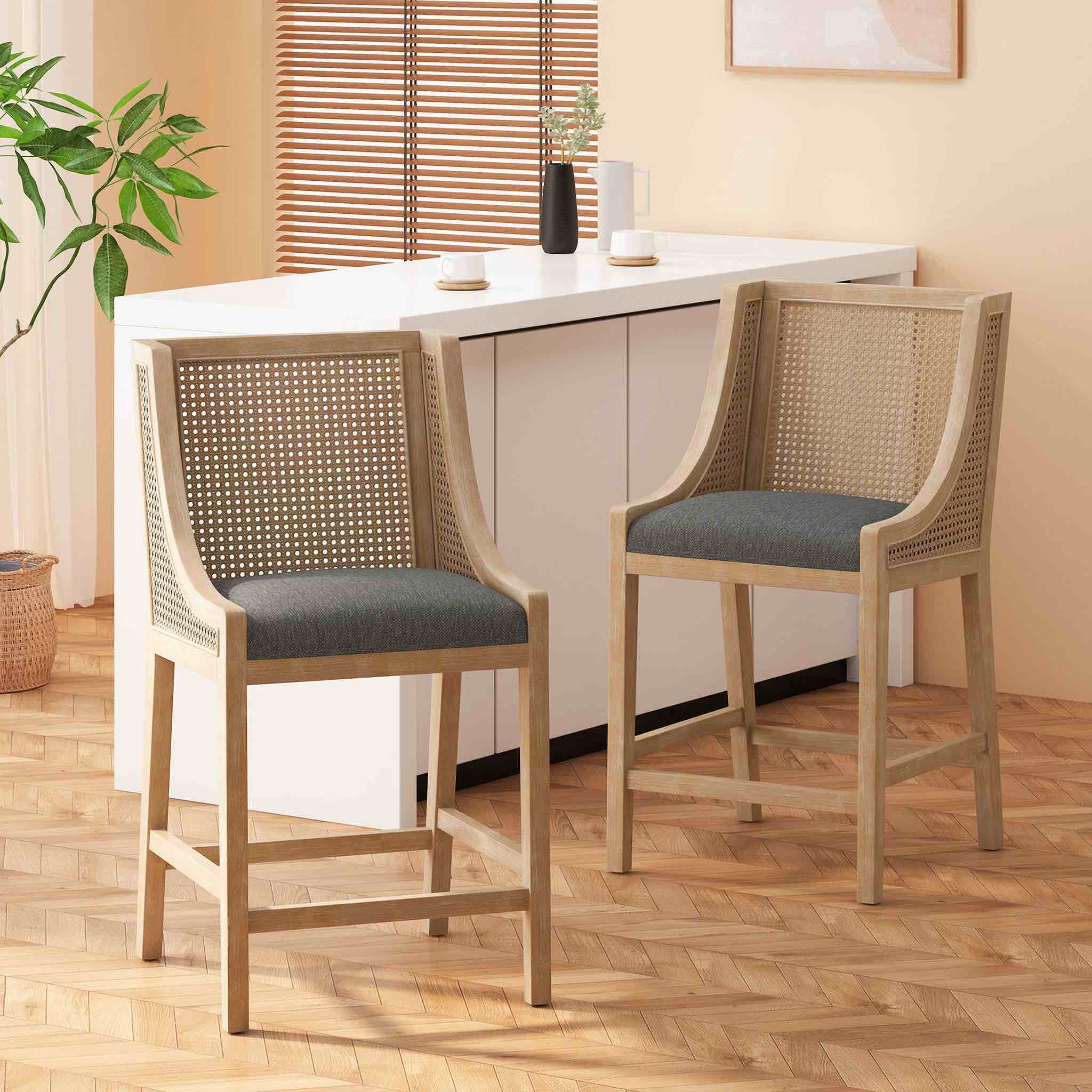 Upholstered Counter Stool with Cane Webbing Backrest In Natural and Charcoal - Set of 2