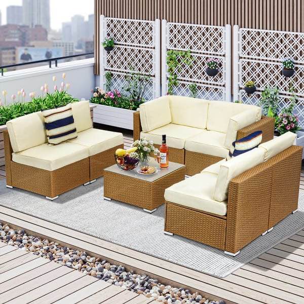 7 Piece Outdoor Wicker Patio Furniture Set with Cushions - Beige 