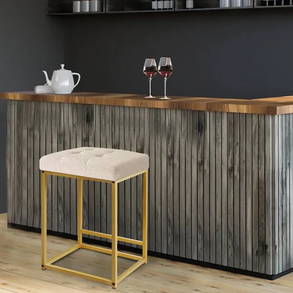 GIA 24-Inch Counter Height Square Metal Stool with Footrest and Tufted Beige Faux Linen Upholstery, Gold Frame, Qty of 1