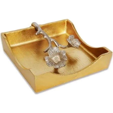 Classic Touch 7"D Gold Square Napkin Holder With Silver Leaf Design