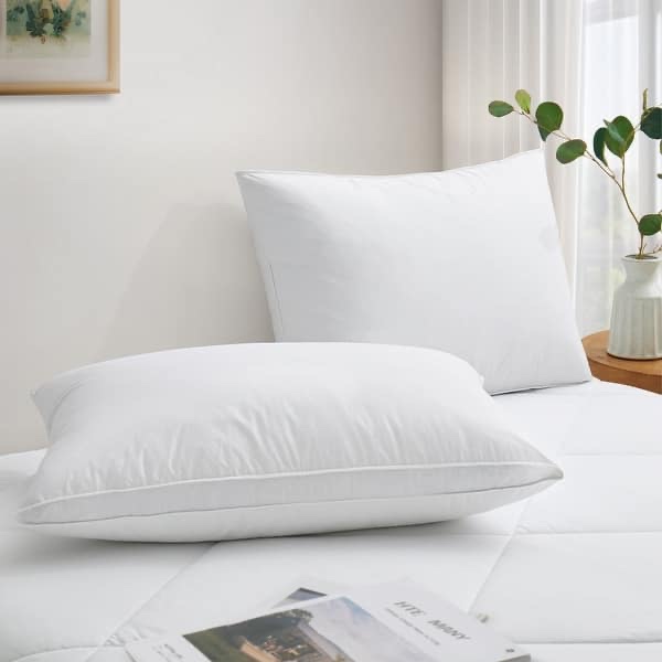 Set of 2 Goose Down Feather Oval Gusseted Bed Pillows with 100% Cotton Cover - White - Medium-Firm - Queen