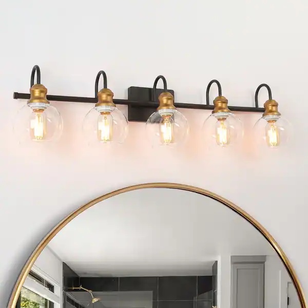 Olia Modern 5-Light Gold Black Bathroom Vanity Lights Glass Metal Wall Sconces - 35.5'' W x 5'' D x 9'' H