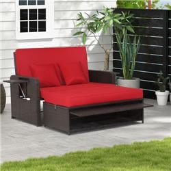 Costway HW70644RE- Patio Rattan Daybed with 4-Level Adjustable Backrest & Retractable Side Tray, Red