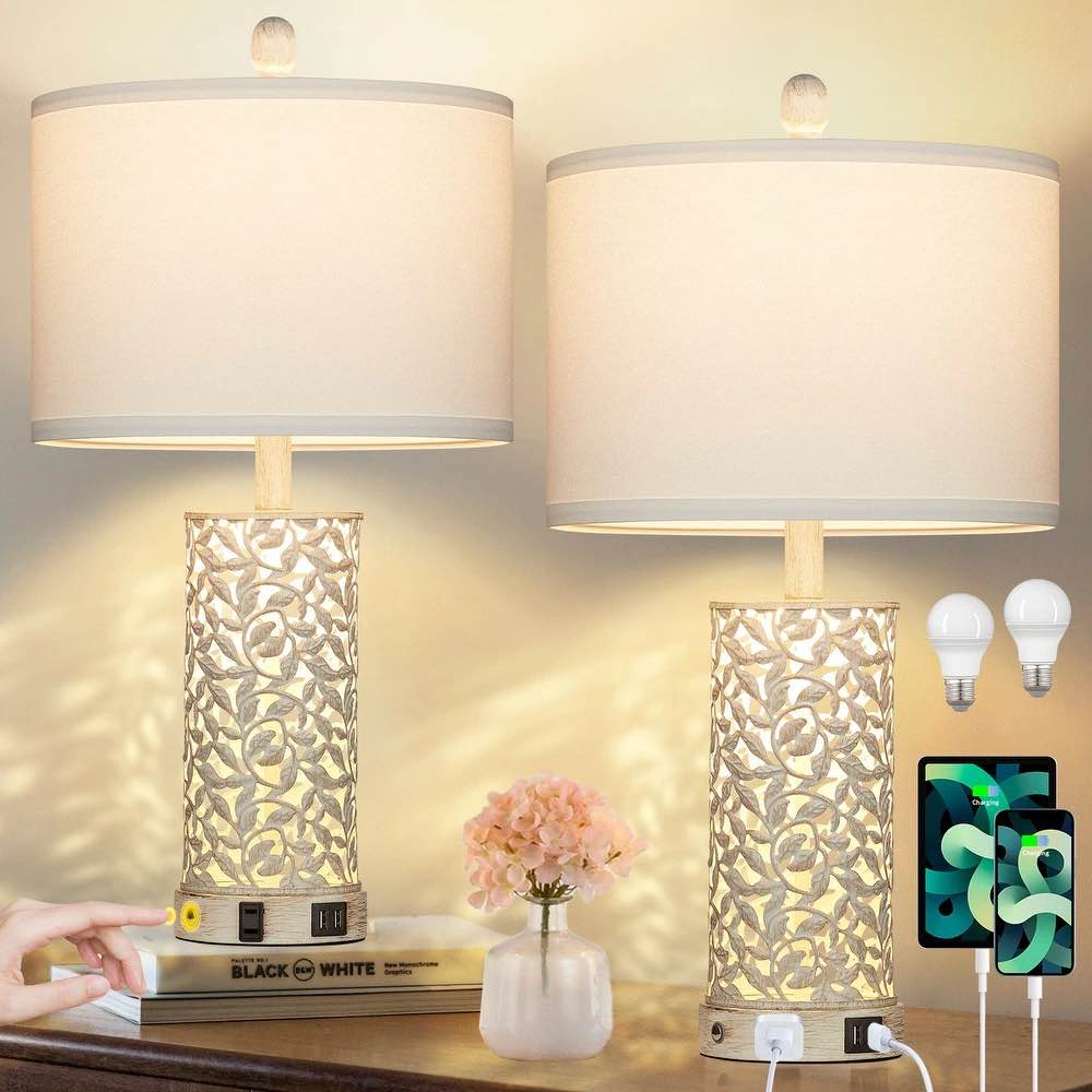 Table Lamps Nightlight 2in1 White with Gold Metal USB Ports AC Outlet Touch Switch(Set of 2) 