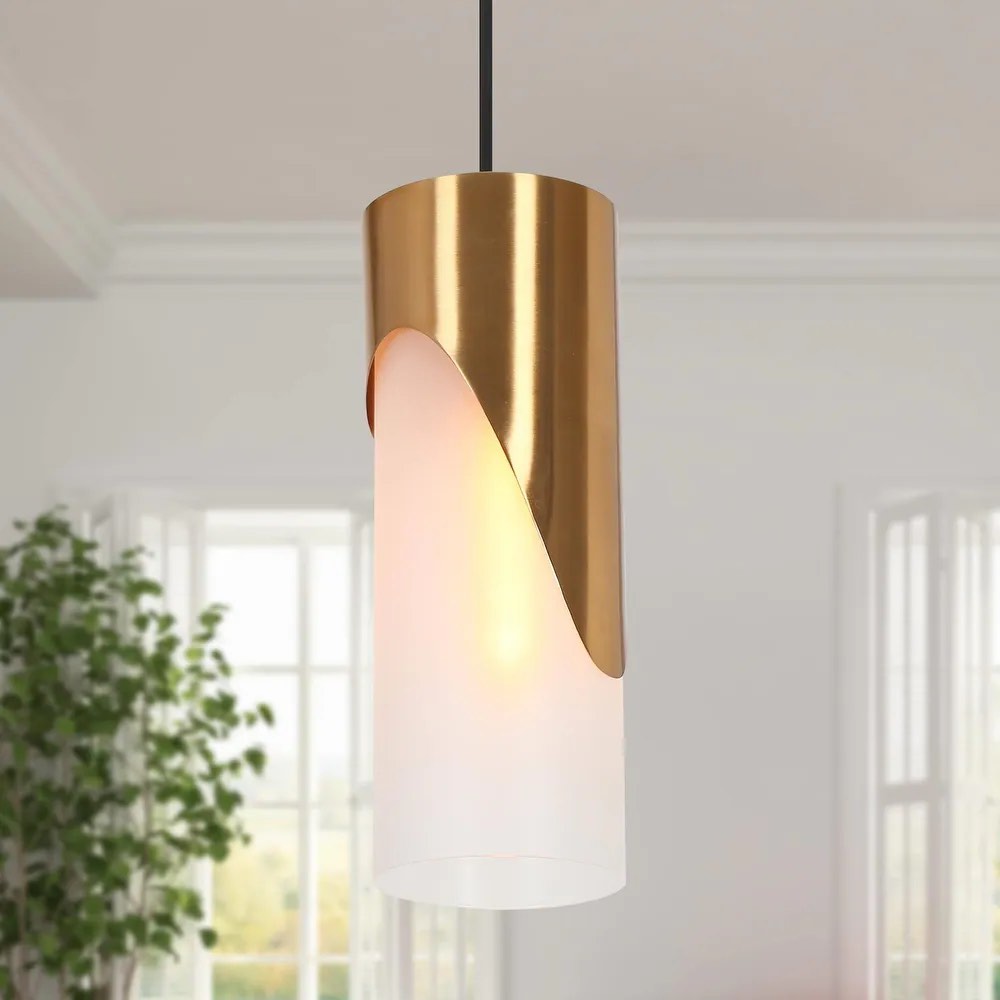 Ottilie Modern Contemporary 1-Light Gold Cylinder Kitchen Island Pendant Light with Frosted Glass (Set of 2)