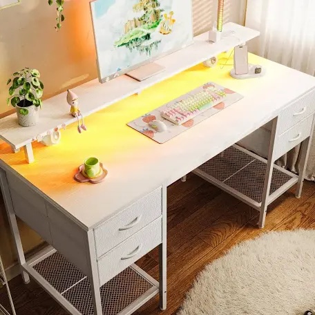 Huuger 55 inch Computer Desk with 3 Drawers, Office Desk Gaming Desk with LED Lights & Power Outlets, Home Office Desks with Storage Space for Bedroom, Work from Home, White