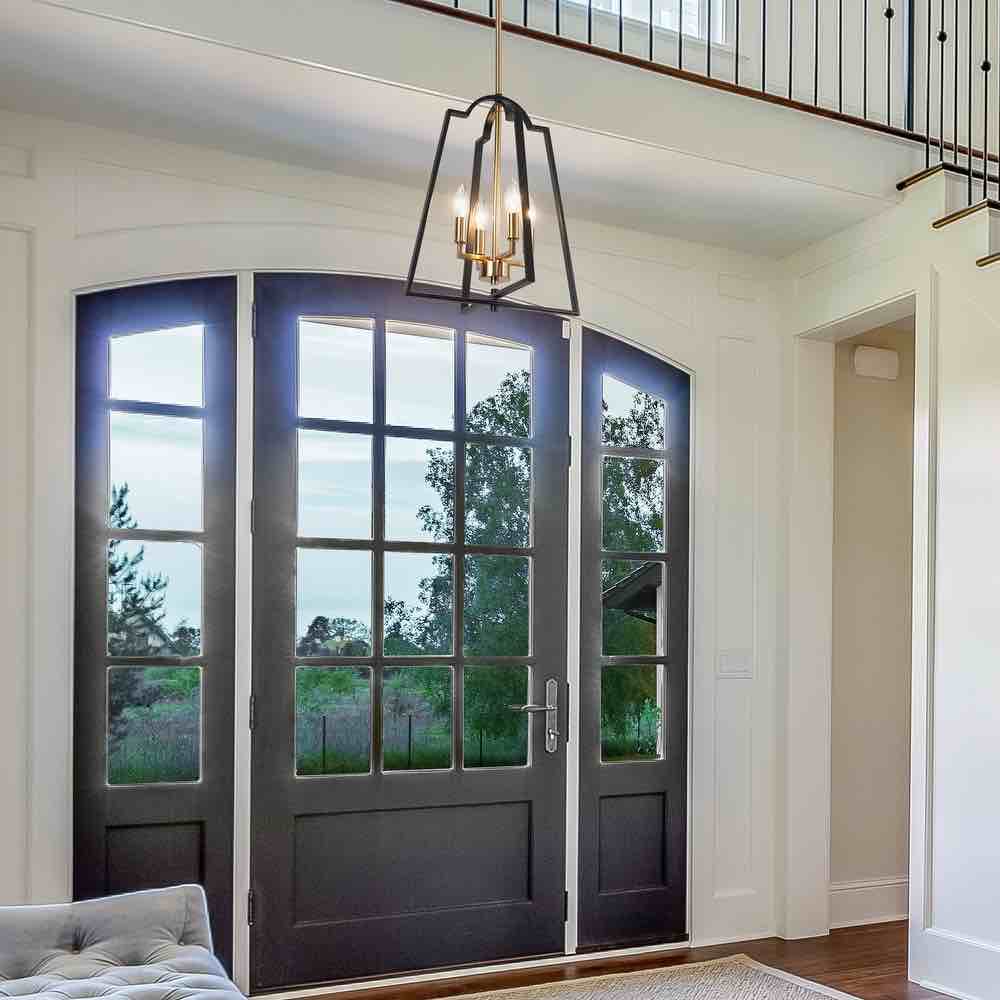 Modern Farmhouse Black Gold 4-Light Lantern Geometric Chandelier Candle Kitchen Island Pendant Light