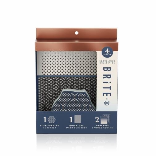 Brite by Scotch-Brite Limited Edition 4-Piece Scrub and Wipe Collection with 1 Rich-Foaming Dish Scrubber, 1 Quick-Dry Mesh Scrubber, and 2 Reusable Sponge Cloths
