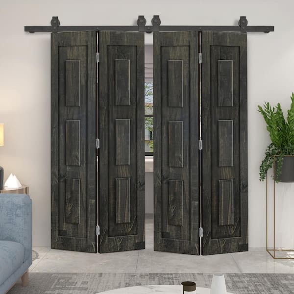 CALHOME 52 in. x 84 in. 3-Panel Shaker Hollow Core Charcoal Black Pine Wood Double Bi-fold Door with Barn Door Hardware Kit