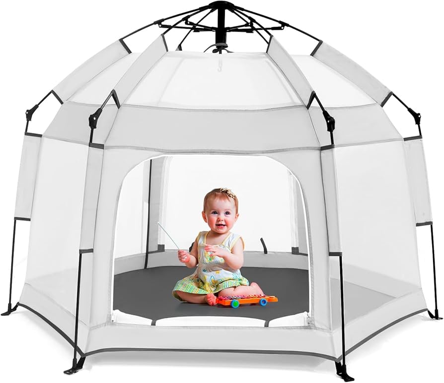 baby playpen with canopy, portable baby beach tent, toddler play yard indoor and outdoor, foldable mosquito net for infant - light grey