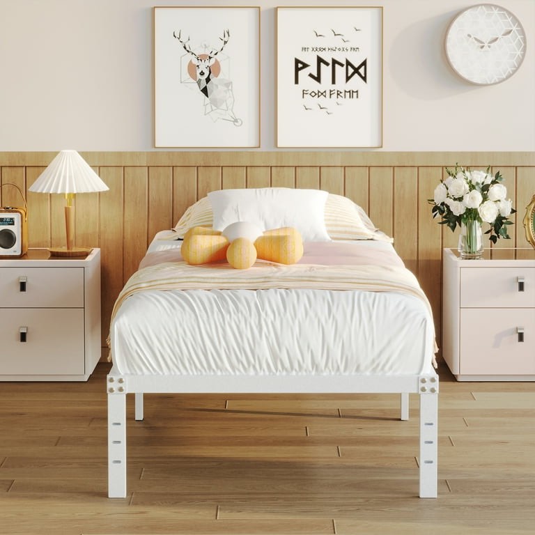 18 inch twin xl bed frame heavy duty no box spring needed metal platform with maximum storage, easy to assembly, noise free, white