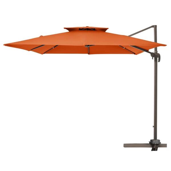 Condition photo showing New/Like New for jearey 12 ft. x 12 ft. square two-tier top rotation outdoor cantilever patio umbrella with cover in orange
