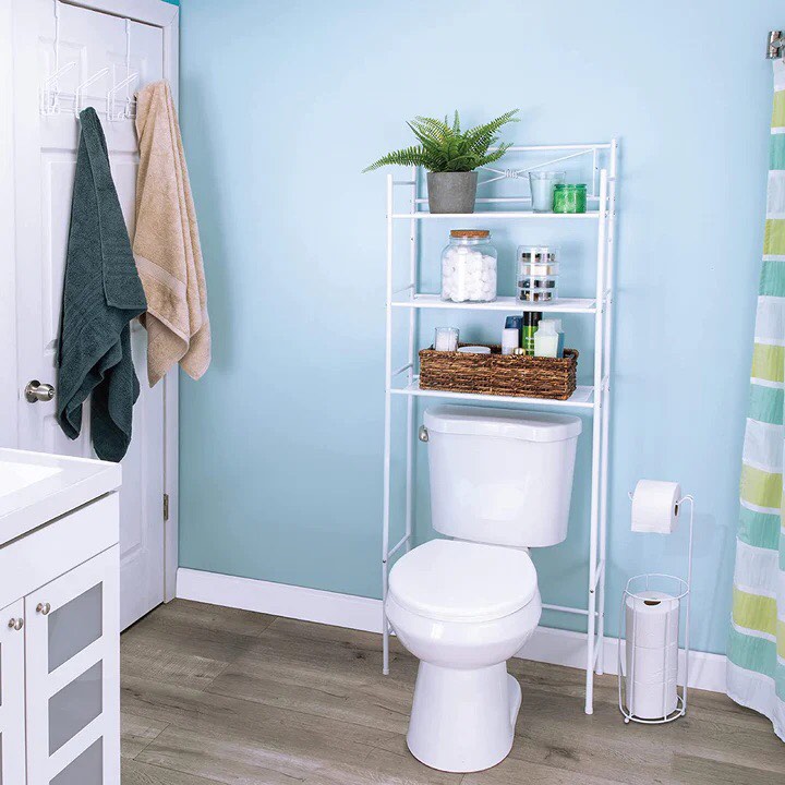 JS Jackson Supplies 3-Piece White Over-The-Toilet Bathroom Organizer Set with Shelving Rack, Over-The-Door Hooks, and Freestanding Toilet Paper Holder- Black