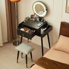 JanflyHome Vanity Desk, Vanity Table Set with LED Light & Charging Station, 3 Color and Lighting Brightness Adjustable, Makeup Vanity with Cushioned Stool, Makeup Table for Bedroom, Black, JCZ-US20